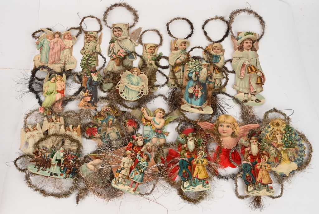 20- DIECUT SCRAP & TINSEL CHRISTMAS ORNAMENTS: Lot of 20 Large Victorian Diecut Scrap and Tinsel Ornaments. Some wonderful examples.