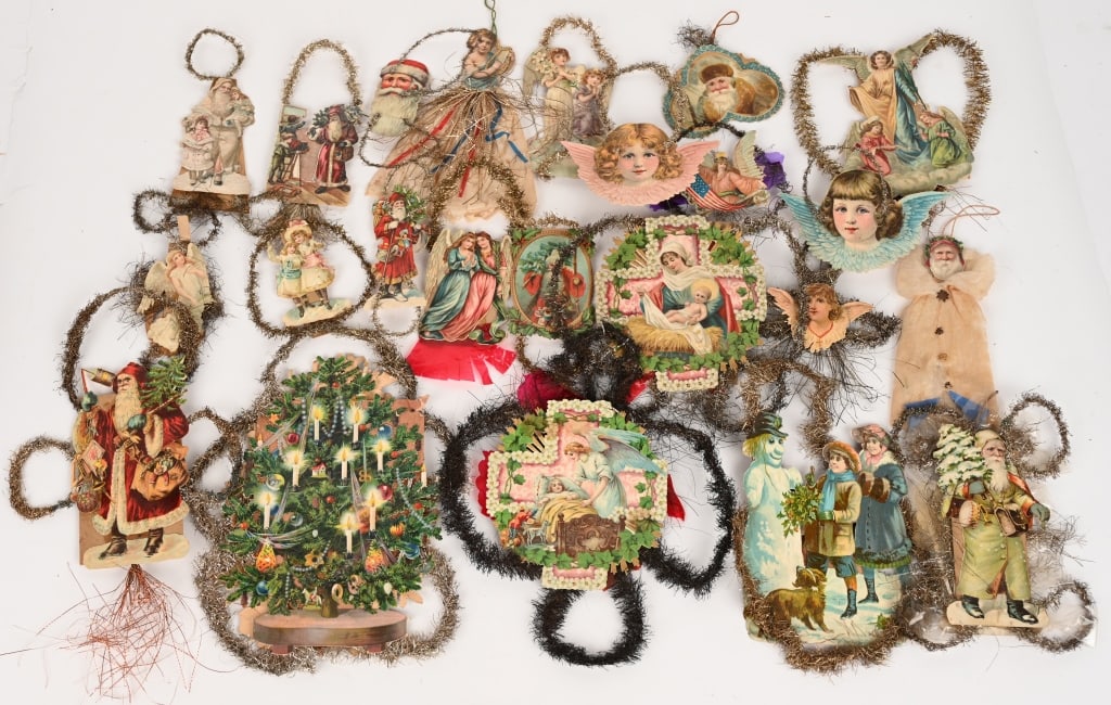 20- DIECUT SCRAP & TINSEL CHRISTMAS ORNAMENTS: Lot of 20 Large Victorian Diecut Scrap and Tinsel Ornaments. Some wonderful examples.