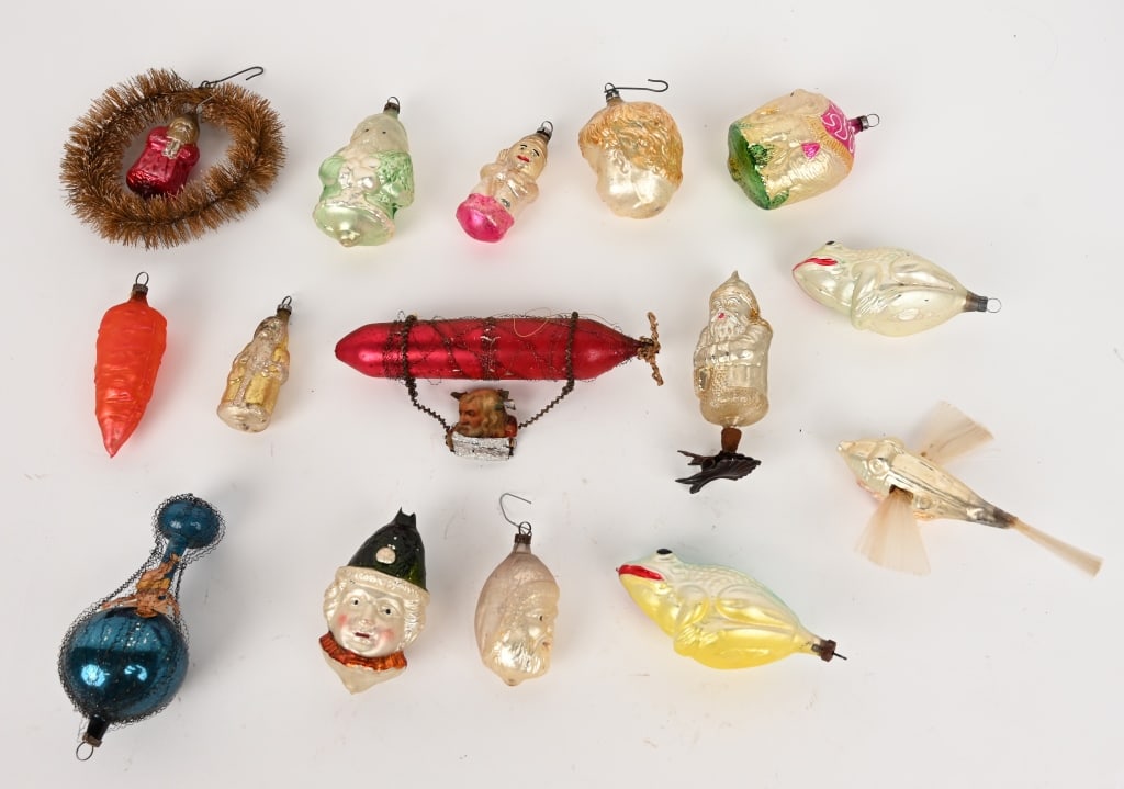 15- ANTIQUE GLASS BLOWN CHRISTMAS ORNAMENTS: Nice lot of antique Christmas Ornaments. Some scarce example.