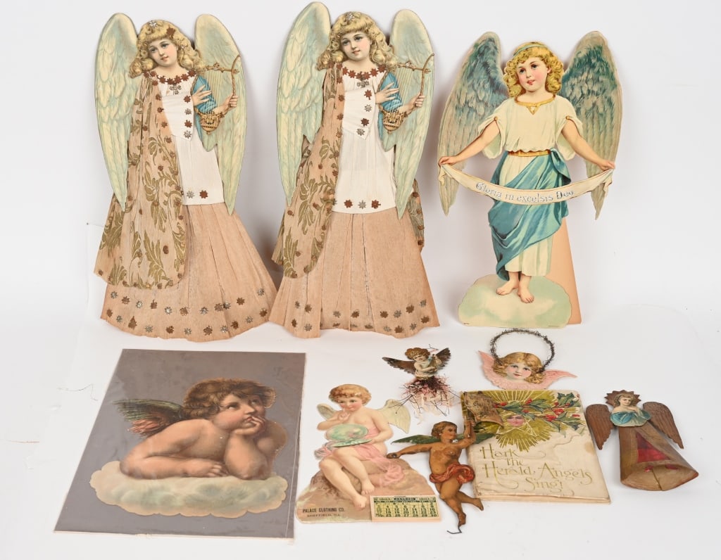 EARLY CHRITMAS ANGEL DECORATIONS: Includes 2 diecut embossed Angels with cray paper and metal, Tin Angel, and more. Largest 15 1/2" Excellent