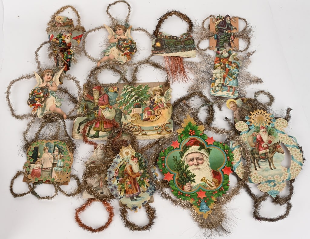 13- DIECUT SCRAP & TINSEL CHRISTMAS ORNAMENTS: Lot of 13 Large Victorian Diecut Scrap and Tinsel Ornaments. Some wonderful examples.