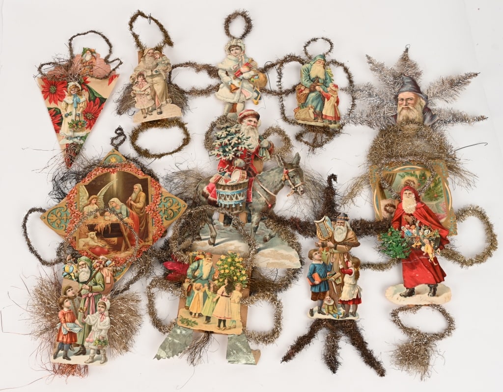 13- DIECUT SCRAP & TINSEL CHRISTMAS ORNAMENTS: Lot of 13 Large Victorian Diecut Scrap and Tinsel Ornaments. Some wonderful examples.