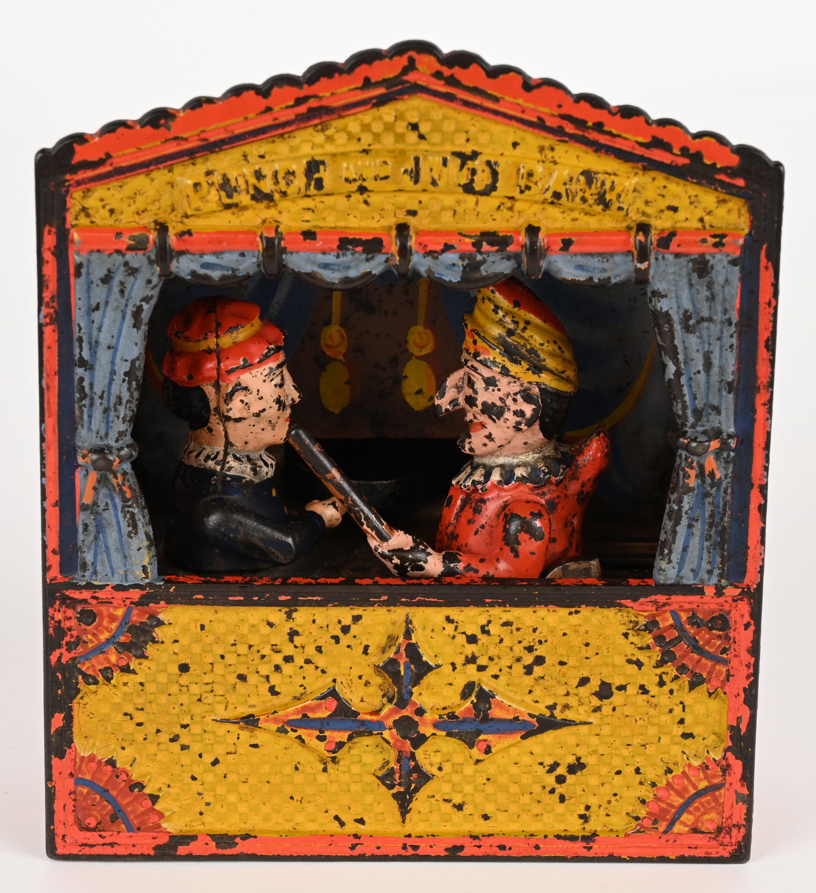 SHEPARD PUNCH & JUDY MECHANICAL BANK: Punch & Judy cast iron mechanical bank. Complete and original, operates properly. No cracks or repairs. 7 1/2" Very Good