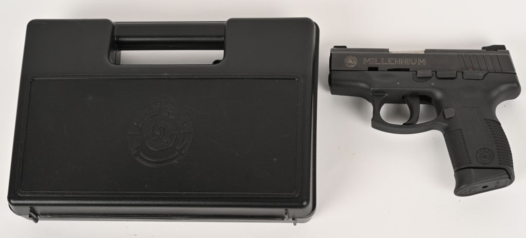 TAURUS PT-745 MILLENIUM PRO COMPACT PISTOL W/ CASE: SERIAL NUMBER: NFR13841. BARREL: 3 1/4". CALIBER: 45 ACP. The 6 round PT-745 features: DA action, stainless steel barrel and slide, polymer frame, two dot sights with U notch rear sight, manual safety