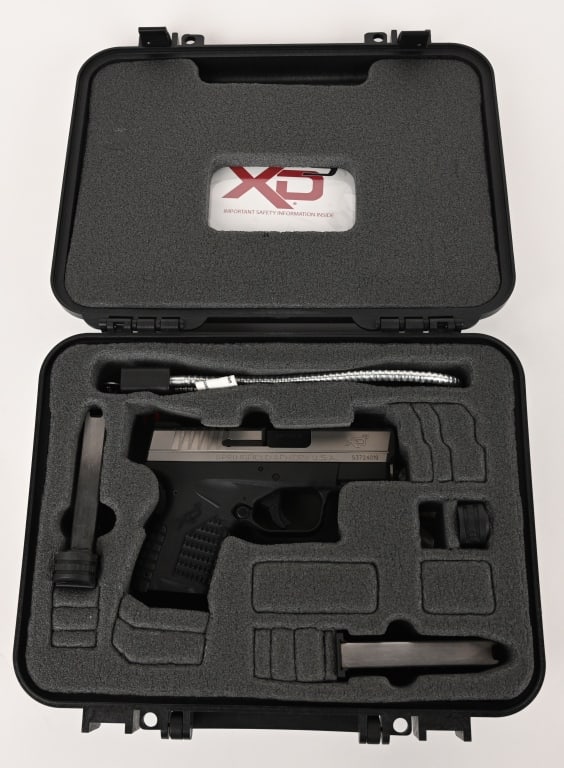 SPRINGFIELD ARMORY XDs-9 3.3 SEMI AUTO PISTOL: SERIAL NUMBER: S3724019. BARREL: 3 1/4". CALIBER: 9X19. Black polymer frame with molded in texture. Stainless steel slide with "XDs-9 3.3" on left side. "Springfield Armory XDs" on the right side. Mat
