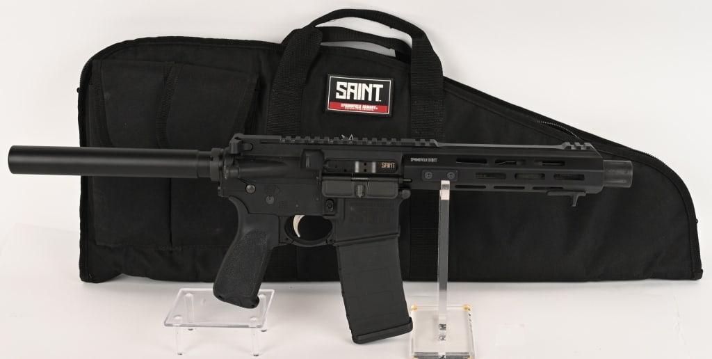SPRINGFIELD ARMORY SAINT SEMI AUTO PISTOL: SERIAL NUMBER: ST135612. BARREL: 9". CALIBER: 5.56X45MM. This pistol features a nickel boron trigger, SA muzzle drum, free float M-LOK handguard, factory soft carry case and (1) MAGPUL PMAG30 gen 2 ma