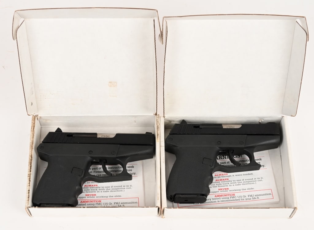 LOT OF STANDARD ARMS SA-9MM SEMI AUTO PISTOLS: SERIAL NUMBERS: 05843 & 05858. BARRELS: 3". CALIBER: 9MM. MANUFACTURED: 1999-2000. These SA-9 pistols are DAO, sub compact semi automatic pistols with polymer frame and matte black steel slide. They h