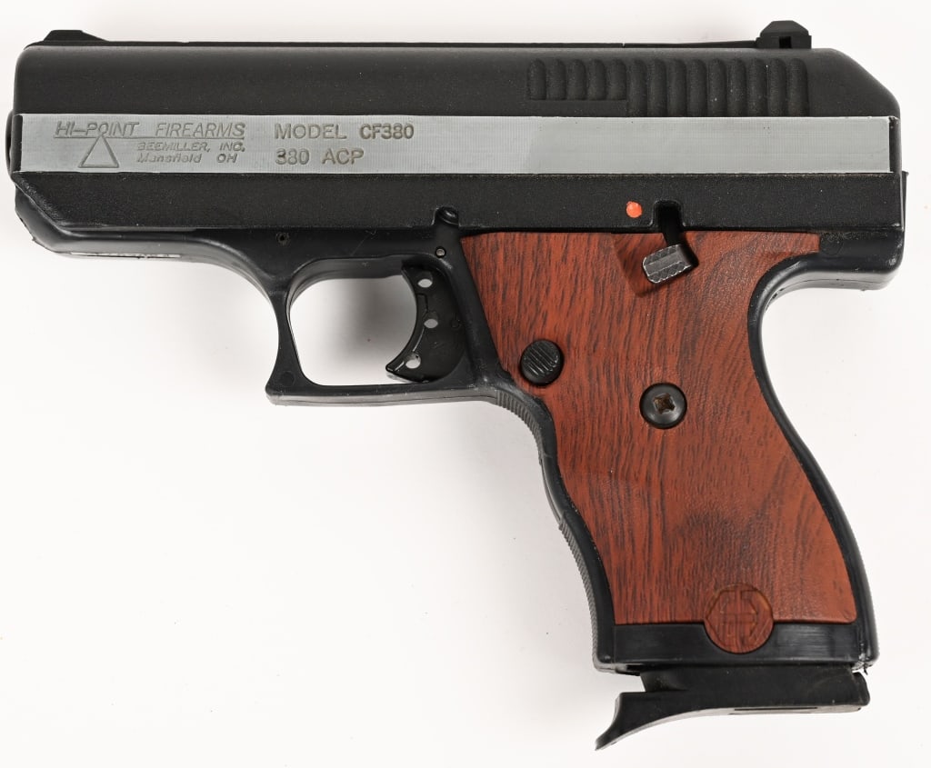 HI-POINT MODEL CF380 SEMI AUTO PISTOL: SERIAL NUMBER: P8060735. BARREL: 3 1/2". CALIBER: .380 AUTO. The Hi-Point Firearms CF380 .380 ACP Pistol features a high-impact polymer frame with a durable, easy-grip finish and has a last-round lock