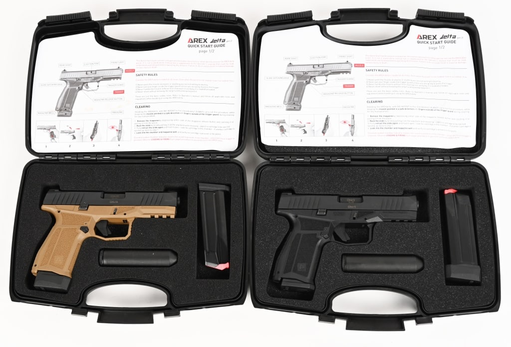 LOT OF TWO AREX SEMI AUTOMATIC PISTOLS W/CASES: SERIAL NUMBER: G36613. Delta M model. (2) 15 round magazines. SERIAL NUMBER: G38498. Delta M model. (2) 15 round magazines. BARREL: 4". CALIBER: 9X19. The AREX Delta is a true double action striker-fi