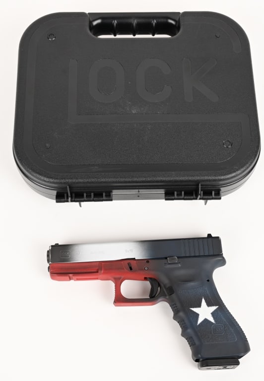GLOCK 17 TEXAS FLAG 9MM SEMI AUTO PISTOL: SERIAL NUMBER: BUMZ430. BARREL: 4". CALIBER: 9X19. The new frame design of the GLOCK 17 Gen5 removed the finger grooves for more versatility but still allows to easily customize its grip by using the 