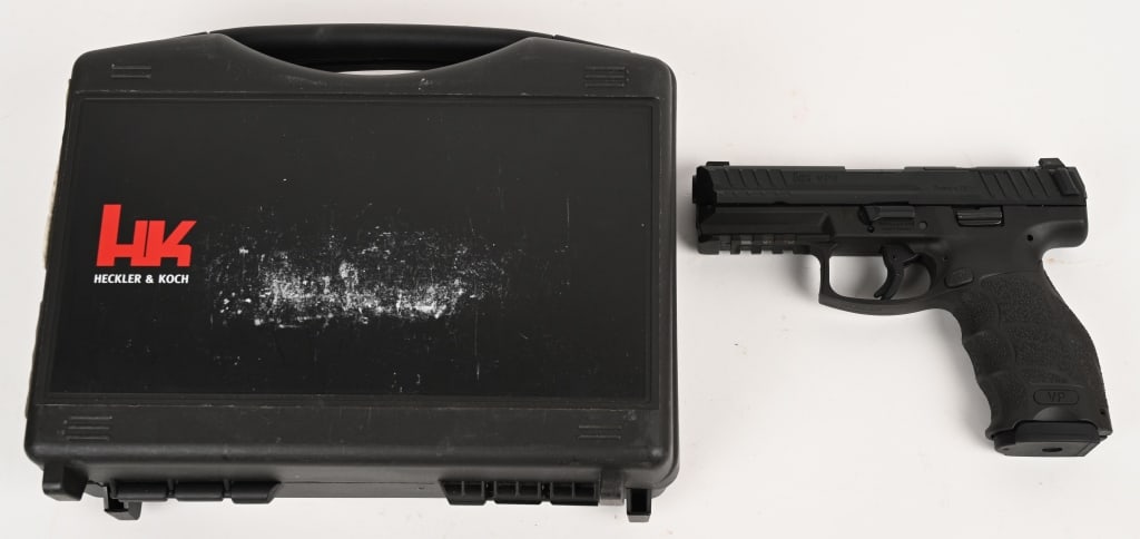 H&K VP9 SEMI-AUTOMATIC PISTOL WITH CASE: SERIAL NUMBER: 224-358333. BARREL: 4". CALIBER: 9X19. Made in Germany, with standard markings and features. Factory installed XS front blade sight and u-notch rear. Black anodized slide and polymer fr