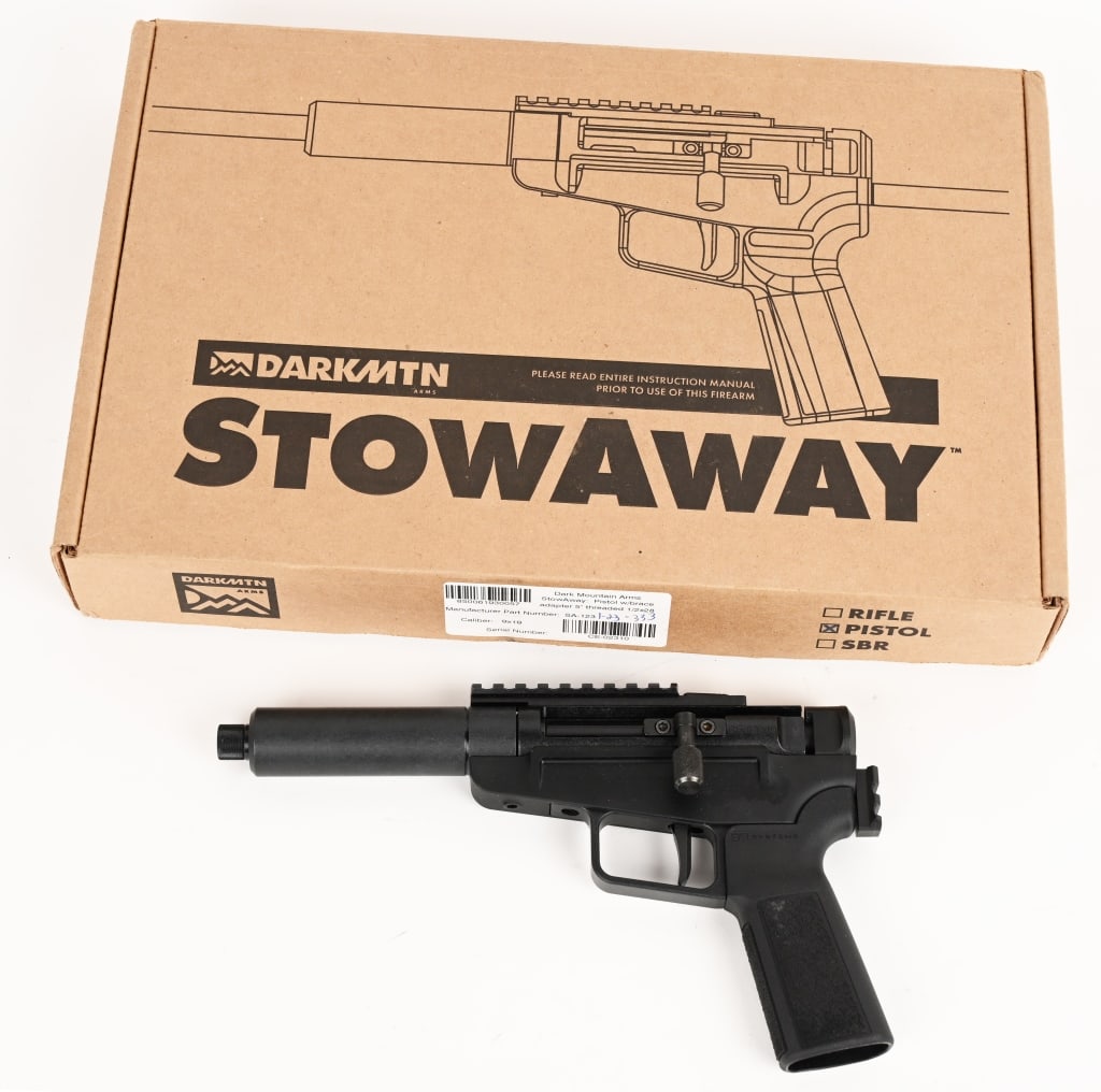 DARK MOUNTAIN STOWAWAY PISTOL & BRACE ADAPTER: SERIAL NUMBER: CE-02310. BARREL: 5 1/8". CALIBER: 9MM. This large format, bolt-action pistol by Dark Mtn Arms is designed to be the most versatile single-shot pistol available. The barrel is removable