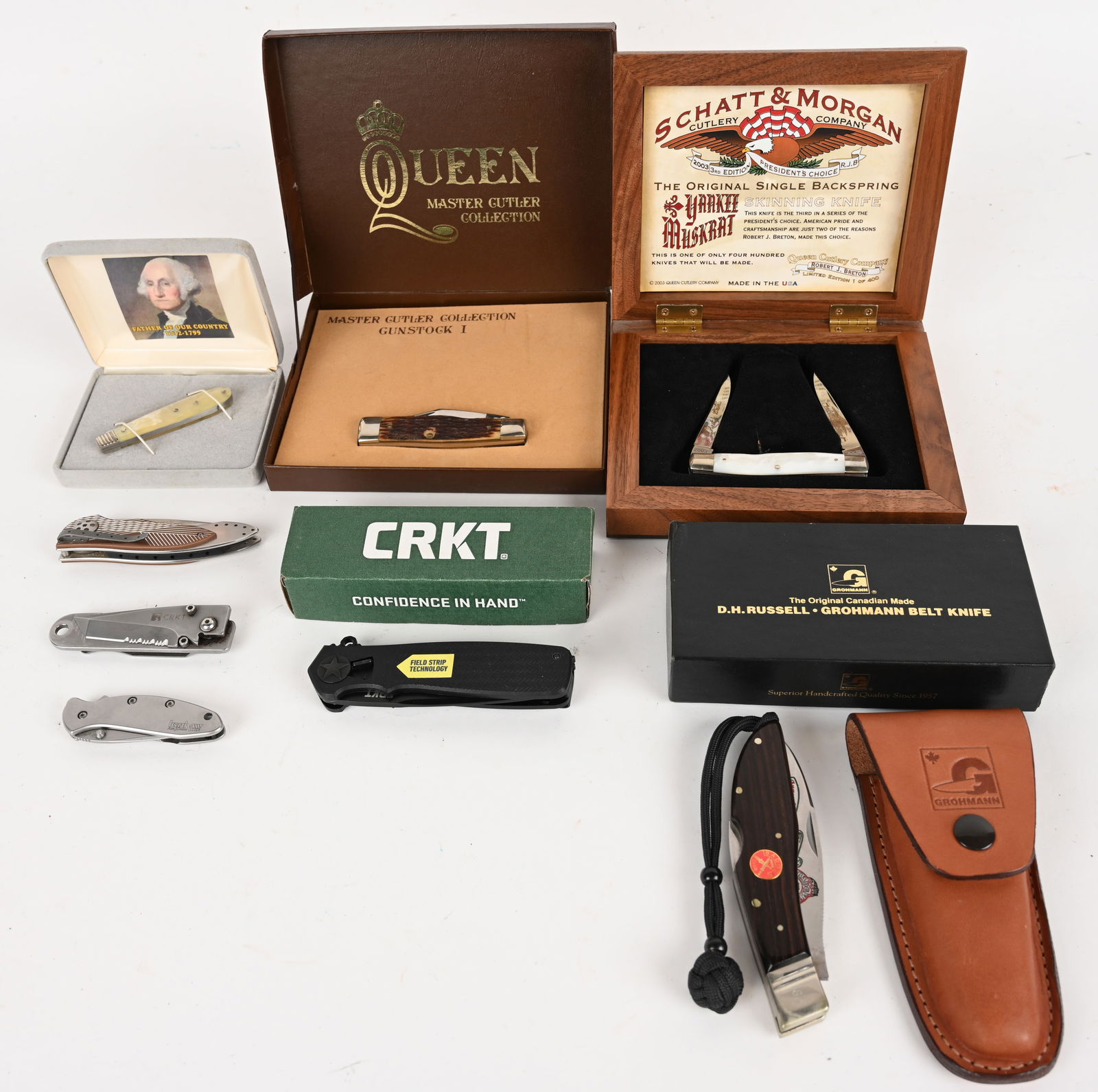 LOT OF 8 FOLDING AUTO & NOT KNIVES: (1) Grohmann 2003 Badger Knife Club annual knife. blade: 4". OAL: 9'. This rosewood handled knife is 1 of 60. Number 09. Factory box and leather holster. CONDITION: Excellent (1) Camillus NY clip poin