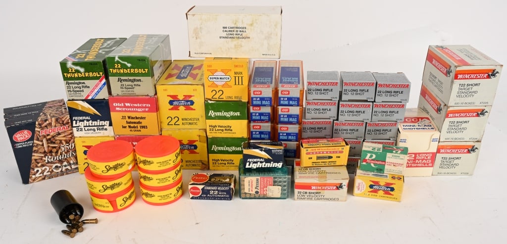 MEGA LOT OF 22 CAL RF AMMO MIXED 10,000 ROUNDS: VERY LARGE LOT OF MIXED 22 CAL RIMFIRE AMMO, THERE IS VINTAGE AND NEW. REMINGTON, WINCHESTER, CCI.