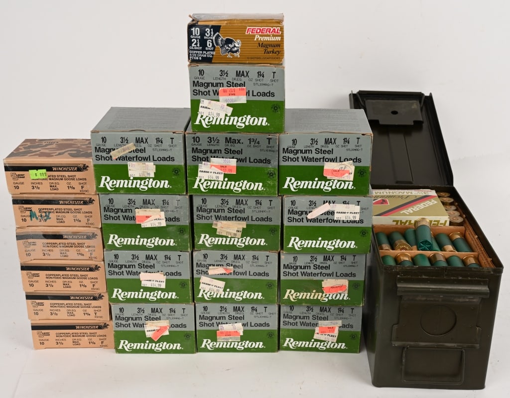MIXED LOT OF WINCHESTER & REMINGTON 10 GA AMMO: 535 ROUNDS OF MIXED LOT OF WINCHESTER & REMINGTON 10 GA AMMO IN FACTORY BOXS AND SOME LOOSE. ALL NEW AMMO.
