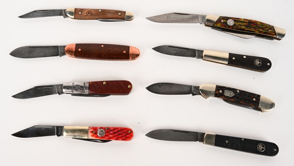 BOKER, BOKER & MORE BOKER POCKET KNIVES: This lot contains 8 Boker pocket knives featuring: (1) Barlow Oak Tree. Blade: 2 1/2". OAL: 5 7/8". CONDITION: Excellent. (1) Model 493 Tree Brand Barlow 2 blade. Blade: 2 1/2". OAL: 5 7/8". CONDITION