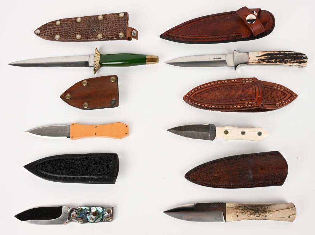 LOT OF CUSTOM KNIVES BY MASTER CRAFTSMAN: This is a lot of 6 superb knives crafted in painstaking detail. All knives are Excellent unless otherwise noted. (1) Dave Ricke fixed blade dagger with stag handles. Blade; 4 1/2". OAL: 9 1/4". With l