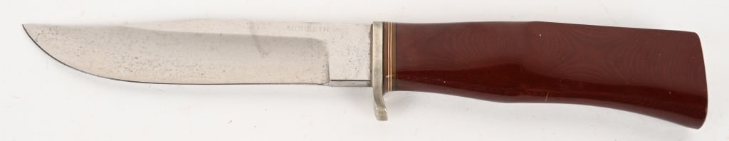 MORSETH FIXED BLADE CUSTOM KNIFE: Blade: 4 3/4". OAL: 9". The Morseth brand of knives was founded by Harry Morseth, a native of Norway who emigrated to the United States at age 17. After his death in 1967, his grandson Steve Morseth c