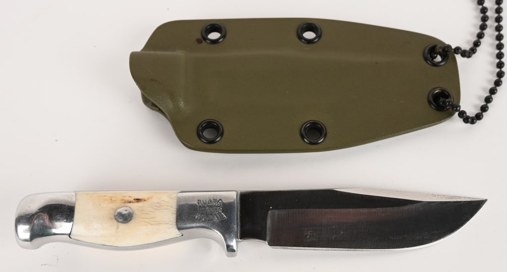 RUANA BONNER 10B SKINNER KNIFE: Blade: 3 1/2" OAL: 6 1/2". The Ruana 10B knife, often called the "Smoke Jumper," is a fixed-blade knife with a 1095 high-carbon steel blade and a cast aluminum handle with either elk or stag inserts. 