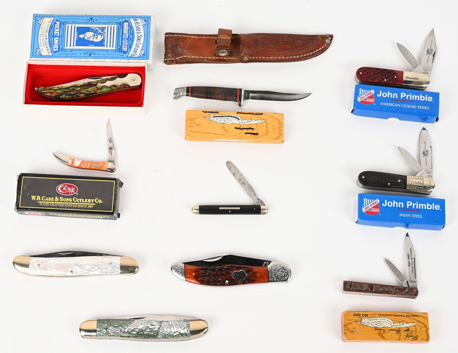 LOT OF VERY FINE KNIVES BY CASE, AGR & OTHERS: W R CASE & SONS CLASSIC 1992 CHRISTMAS TREE BARN DOOR HING KNIFE. Model: 10095. Blade: 4". 5 5/8". This knife is etched "W.R. Case & Sons", 'W.R. Case & Sons Bradford PA" 19 USA 92", "Tested XX" tang