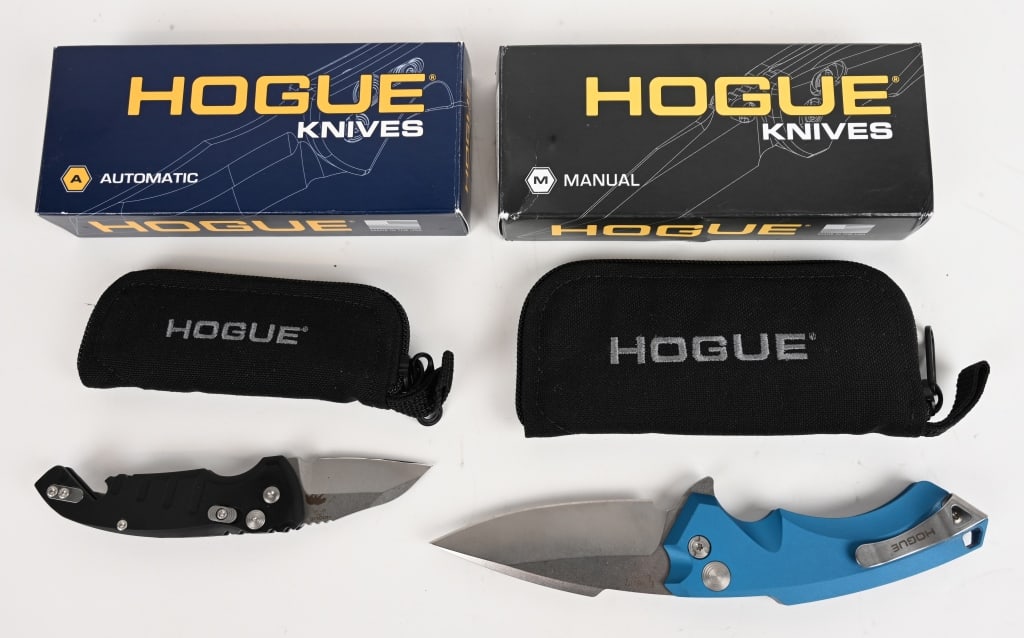 TWO AWESOME HOUGUE FOLDING KNIVES: (1) Hougue X5 Blue Aluminum handled folding knife. Blade: 3 1/2". OAL: 8 1/8". Hogue Manual folders represent the culmination of capabilities and experience resulting in a superior balance of fit, fin