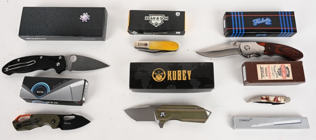 KNIVES OUT, LOT OF 7 KNIVES: This lot contains: (1) SPYDERCO Manix 2 FRCP handle model C101PBBK2. Blade: 3 3/8". OAL: 8". (1) KUBEY Camp Nest liner lock EDC flipper knife G10 grips model: KU203B. Blade:2 1/2". OAL: 6 1/4". (1) Be