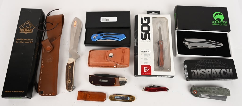 LOT OF 7 KNIVES: This lot contains 7 knives from various manufacturers. The condition is As New unless otherwise noted. (1) Schrade Old Timer model 510T with leather holster. Blade: 3 1/2". OAL: 8". (1) SOG Twitch II