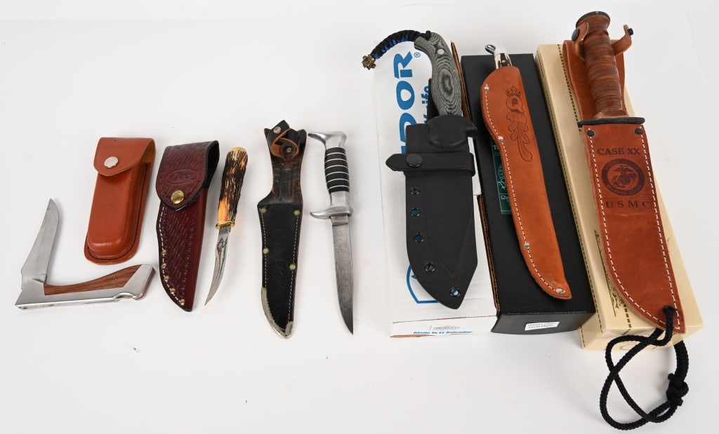 LOT OF CASE XX, SHARP, QUEEN & CONDOR KNIVES: Unless otherwise noted, the knives are in As New condition. (1) CASE XX USMC fighting knife with leather scabbard and matching factory box - new production. Blade: 7". OAL: 12". (1) CASE XX 523-31/4 S