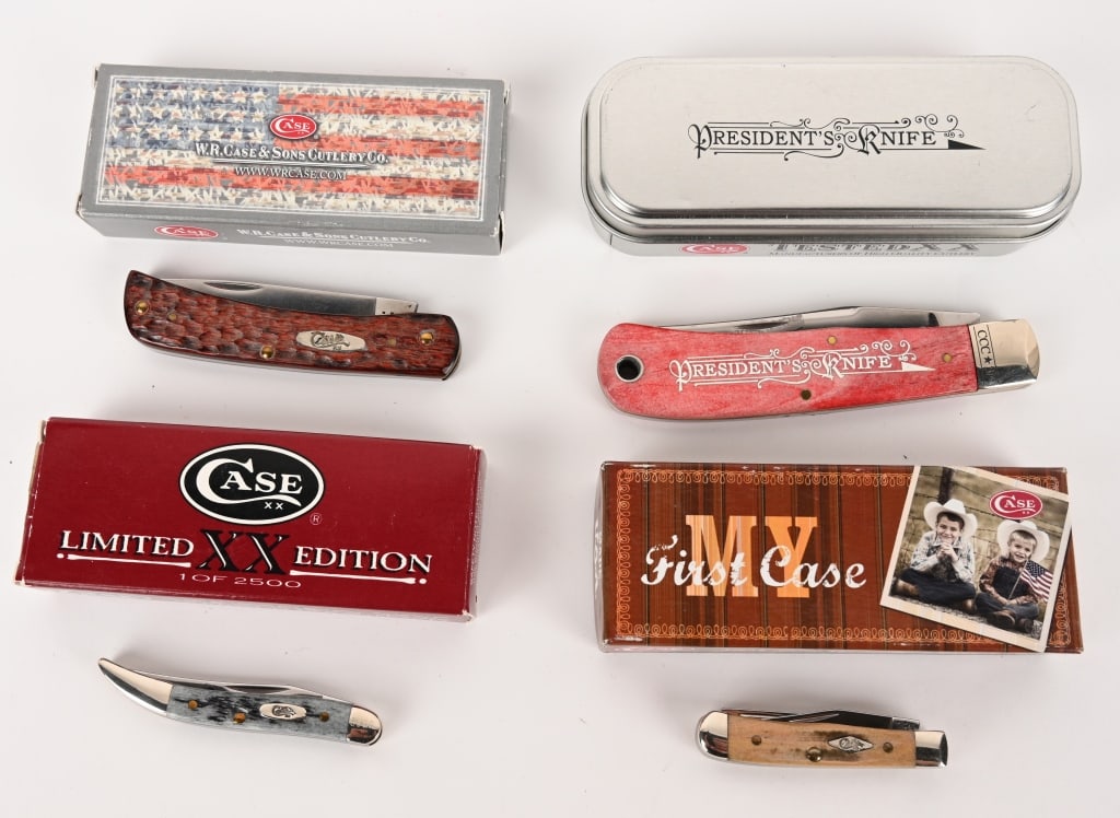 CASE XX PRESIDENT'S KNIFE & THREE POCKET BEAUTIES: (1) CASE XX President's Knife w/ Thomas Arrowsmith engraved blade. Pattern: TB61546SS. Blade: 3 1/2". oal: 8 1/8". Matching factory metal container. CONDITION: As New. (1) CASE XX NO 8 DALE EARNHARDT