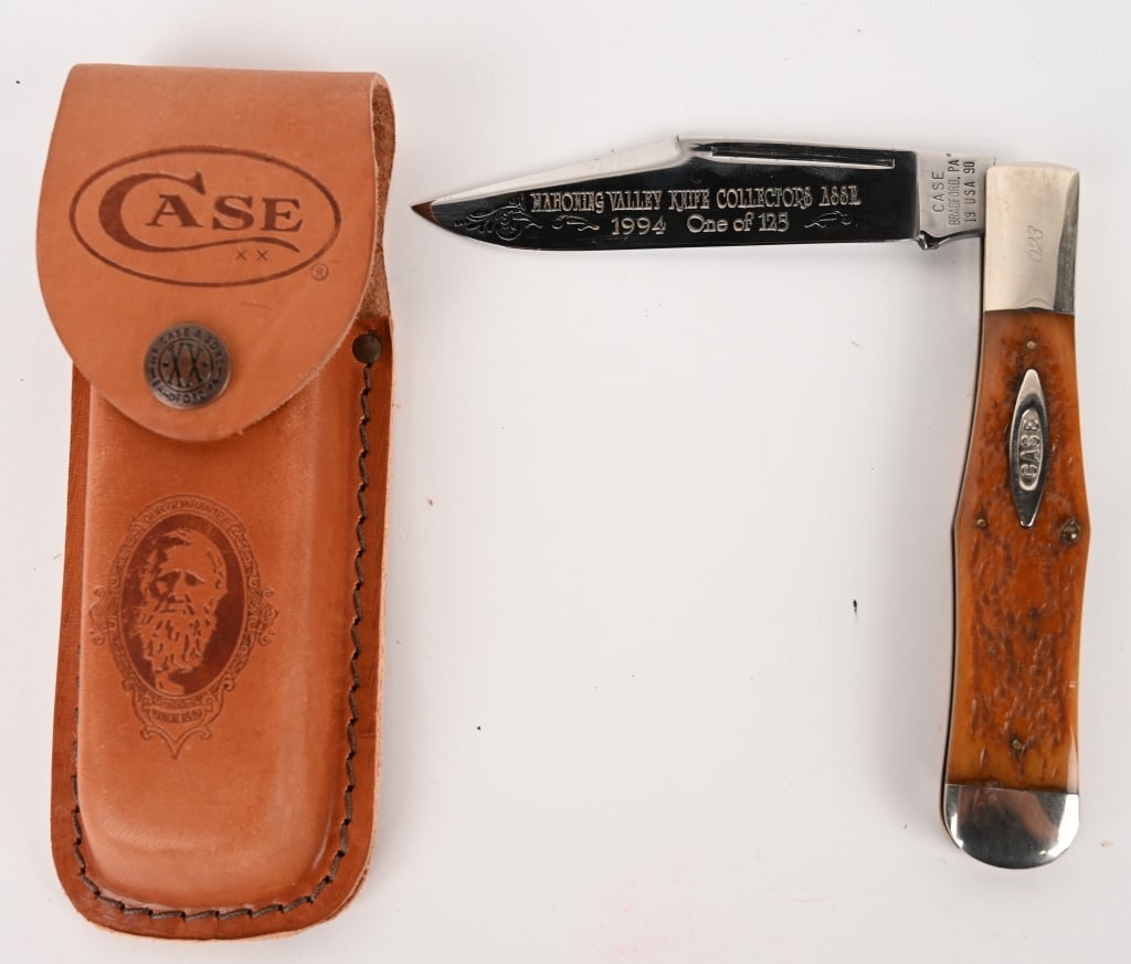 MAHONING VALLEY CASE KNIFE ASSN COLLECTABLE KNIFE: This is one of 125 swell center folding knives produced, number 023, for the Mahoning Valley Knife Collectors Association. Pattern: 61050. Blade: 4 1/4". OAL: 9 1/2". With leather belt holster. CONDIT