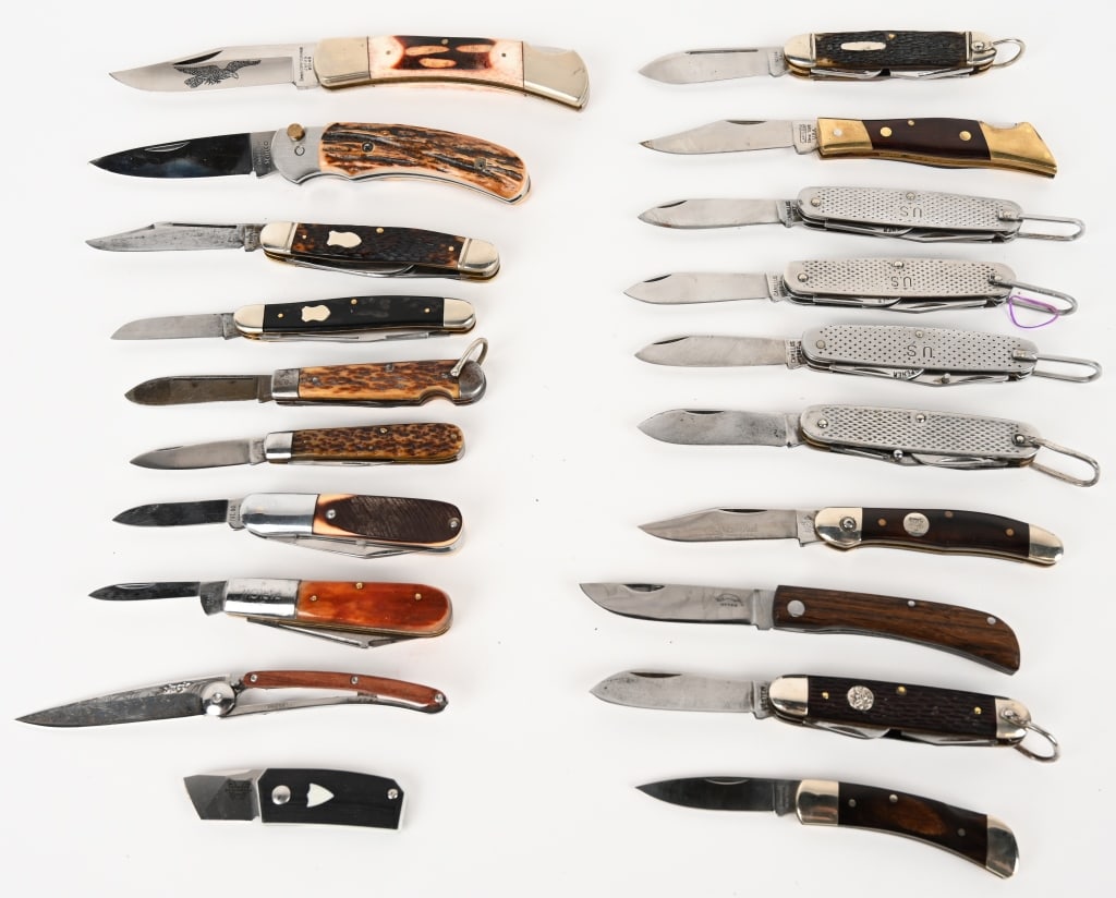 LOT OF 20 POCKET KNIVES: This lot contains 20 pocket knives from various manufacturers such as Camillus, Western, Sarco, Otter, Soligen Cutlery, Schmidt & Ziegler and Queen Steel. Includes (3) US survival pocket knives. 1967,