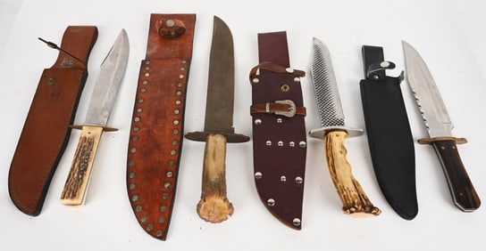 FOUR 'BOWIE" KNIVES STAG & WOOD HANDLED W/SHEATHS