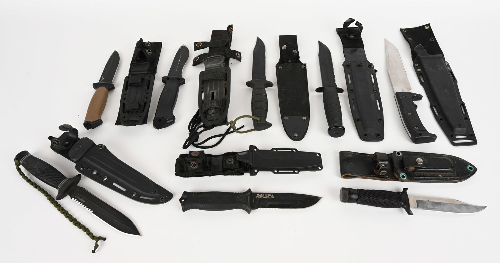 LOT OF 8 TACTICAL / HUNTING FIXED BLADE KNIVES: This lot of lightly used knives contains: (1) 10 1/2" survival knife (1) COLT CT127. Very Good (1) Gerber black model 1060 (1) Ontario SPEC PLUS MARINE (1) SOG dagger2 (1) Parker Brothers 10" survival