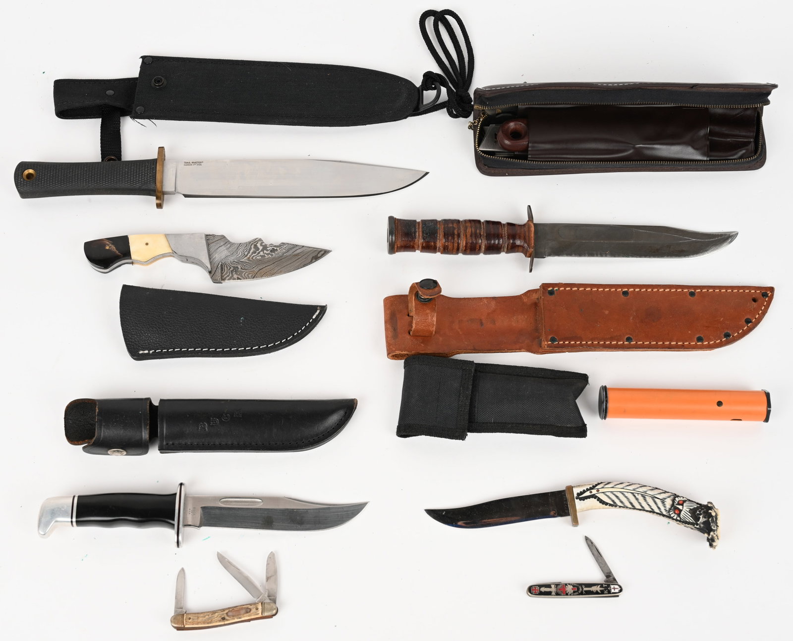 LOT OF VERY COOL BLADES: This very cool or fire lot contains below. The lot condition is Good to Excellent unless otherwise noted. (1) US UTICA CUTCO Combat knife. with sheath. Blade: 7". OAL: 12". (1) BUCK model 119 with she