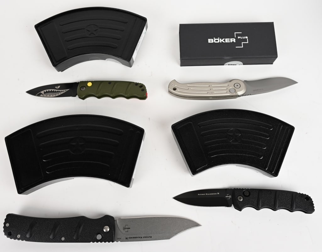 4 KNIFE COLLECTION OF BOKER AUTO KNIVES: This lot contains four BOKER auto folding knives. (1) Warhawk Kalashnikov Dagger Automatic knife. Model 01KALS117NSOI. Blade: 3 1/4". OAL: 7 5/8". (1) Auto Folding Knife. Model 01KALS308NSOI. Blade: 3