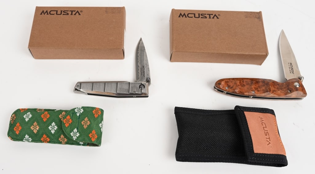 AMAZING MCUSTA HIGHLY COLLECTABLE FOLDING KNIVES: (1) Model MC-26. Blade: 3 1/4". OAL: 7 1/2". Basic Series Folder - 4.25" closed liner lock. VG-10 stainless blade (RC 59-60) with ambidextrous thumb studs. Elegant design with contoured finger groove