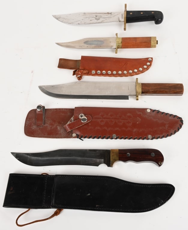 BEAR AND SON FIXED BLADE & OTHER HUNTING KNIVES: This lot contains: (1) Bear & Son clip point hunting knife with cocobolo wood handle and scabbard. Blade: 9 5/8" OAL: 14 1/2". condition: Very Good. 98%. Brass handle components are starting to patina