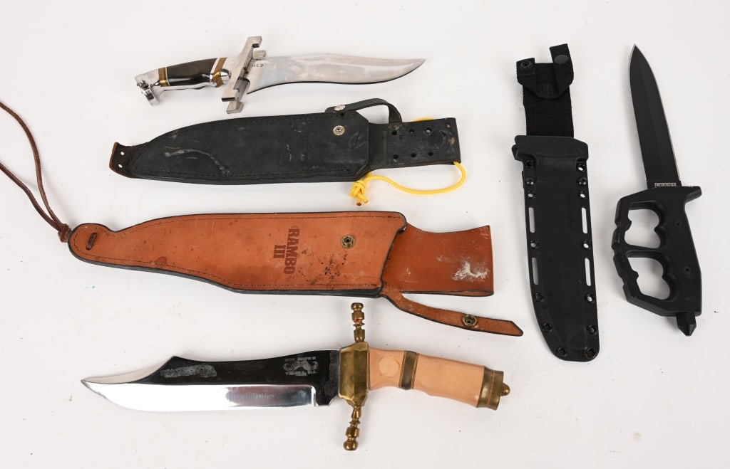 LOT OF MONSTER LARGE SIZE FIXED BLADE KNIVES: This lot contains: (1) CHAOS "Trench knife" w/ polymer sheath. 7 ?". OAL: 13 5/8". (1) H.E.D. marked Combat Bowie w/ nonmatching leather sheath. BLADE: 8 1/8". OAL: 13 3/8". (1) Ron Brown Vienna IL. M
