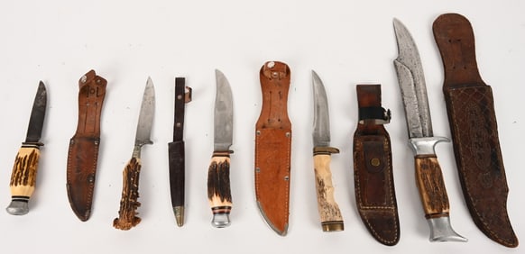 LOT OF VINTAGE STAG HANDLE FIXED BLADE KNIVES