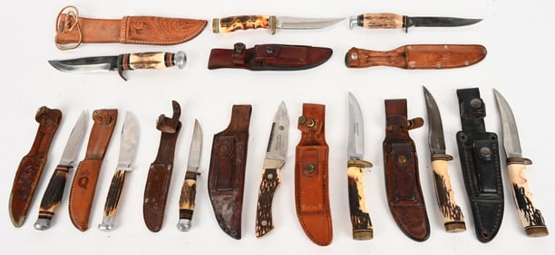 LOT OF STAG HANDLE FIXED BLADE UTILITY KNIVES