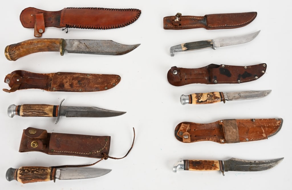LOT OF 6 CUSTOM HUNTING KNIVES: This is a lot of stage handle knives with leather sheaths Blade sizes: 4 1/2", 4 3/4", 5", 5 1/8", 6", and 7 1/2". Condition: fair to Good unless otherwise noted.
