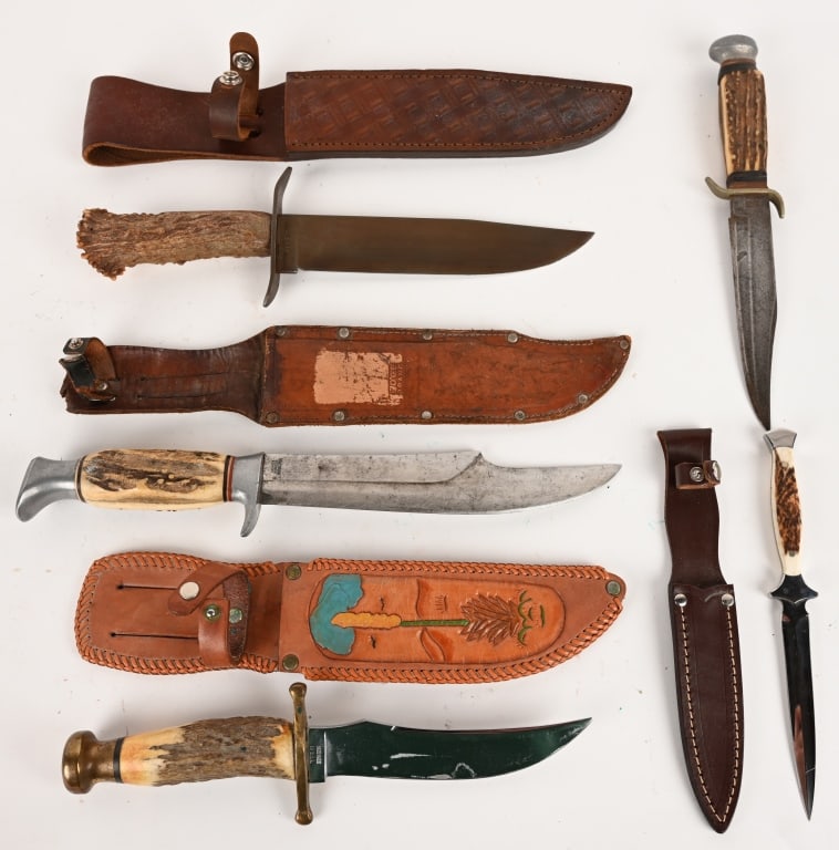 LOT OF ASSORTED CUSTOM KNIVES: This lot contains a 5 knife assortment featuring stag handles. Blade sizes: 4 3/8", 6", 5 7/8", 7 3/4" and (1) Edgeguard model 469 at 8 1/8". Condition: Good To Very Good. Blades are sharp with some h