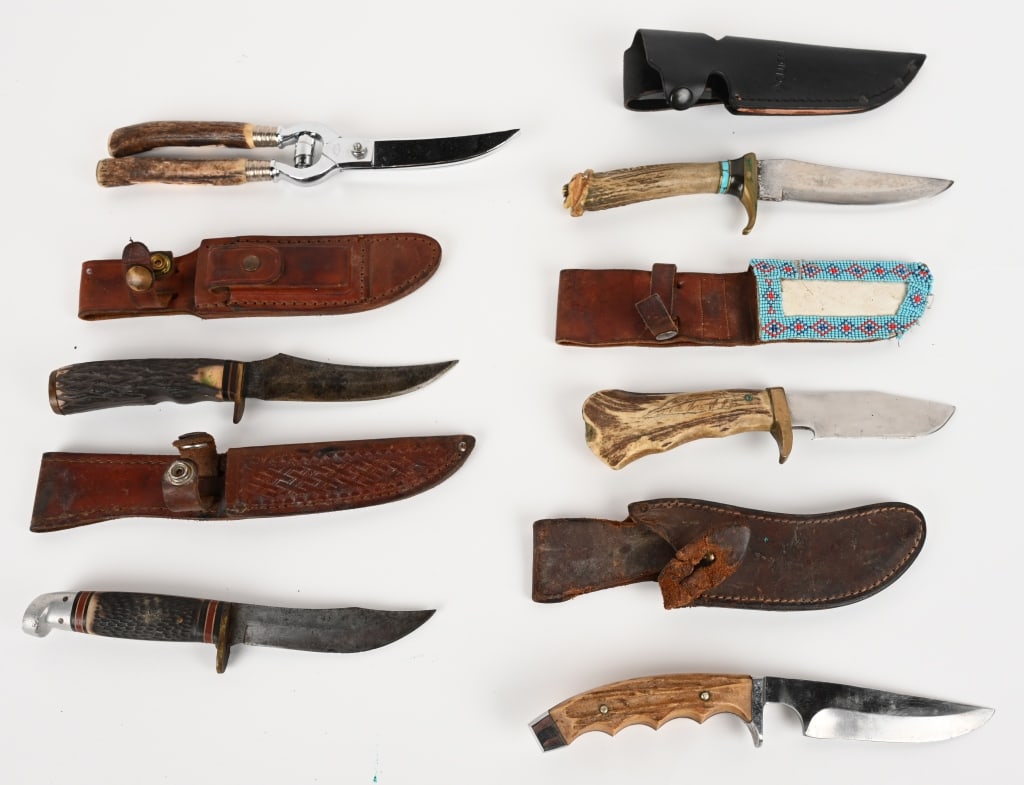 CUSTOM HUNTING & BUTCHERING KNIVES: This lot contains many interesting custom knives. Condition: Very Good, some with evidence of resharpening unless otherwise noted. (1) S&S Cutlery fixed blade stag handle knife with turquoise inlayed 