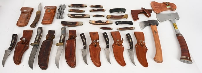 LOT OF 20 ASSORTED KNIVES & HATCHETS