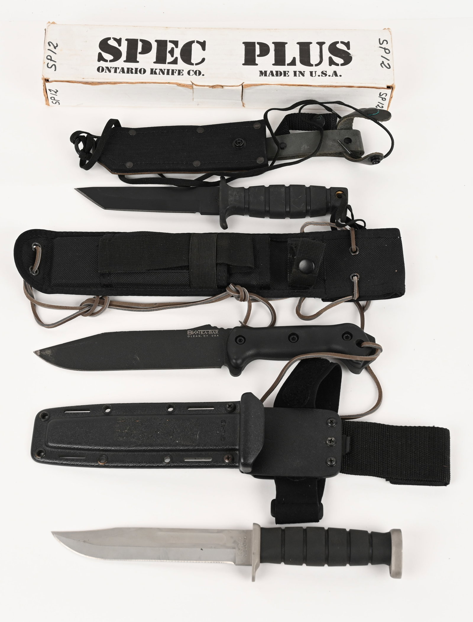 LOT OF LARGE SURVIVAL / FIGHTING KNIVES: (1) KA-BAR D2 Extreme fighting knife with polymer sheath, model 1221. Blade: 7". OAL: 12". (1) KA-BAR BK&T combat Utility knife. Blade: 7 1/4". OAL: 12 3/4". Condition: Both are Very Good. (1) Ontario