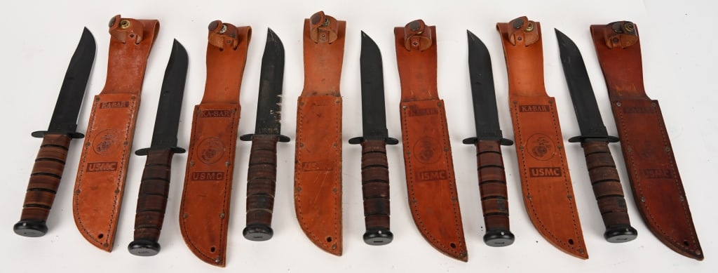 LOT OF KA-BAR USMC KNIVES W/ SHEATHS: This is a lot of 6 KA-BAR modern knives with leather sheaths. Condition: Very Good to Excellent.
