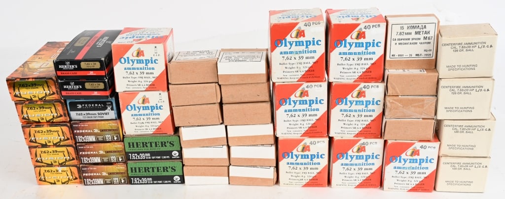 LOT OF 925 ROUNDS OF 7.62 X 39MM MIXED.: 925 ROUNDS OF 7.62 X 39MM MIXED SURPLUS AND COMMERICAL. 9- BOX'S OF OLYMPIC 4- BOX'S RUSSIAN SURPLUS 15- BOX'S YUGOSLAVIAN 13- BOX'S OF COMMERICAL , FERERAL AND HERYER'S