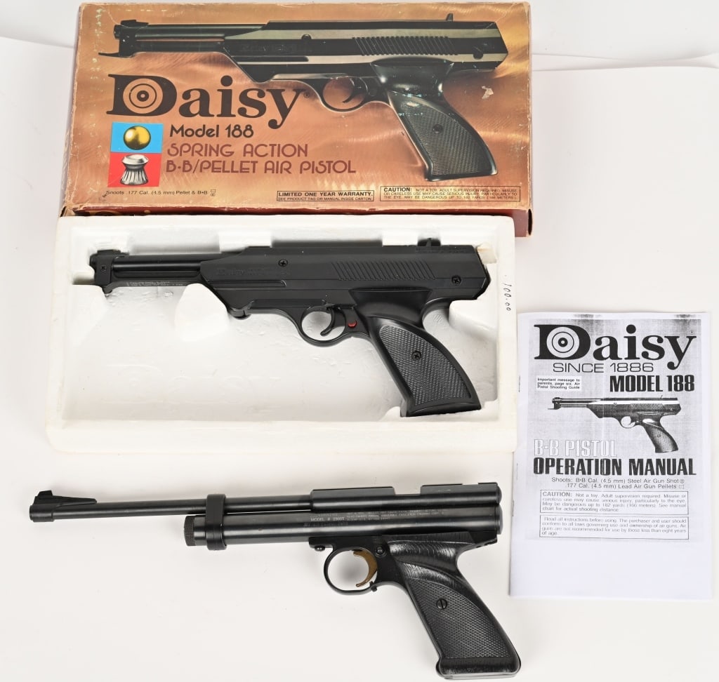 DAISY AND CROSSMAN AIR PISTOL LOT: (1) Crossman 2300T pellet CO2 powered target pistol in .177 cal CONDITION: Very Good condition, appears not to have been shot (1) Daisy Model 188 BB Air pistol in .177 caliber. CONDITION: As New, fact