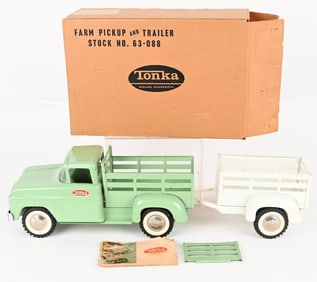 1963 TONKA FARM PICKUP AND TRAILER w/ BOX