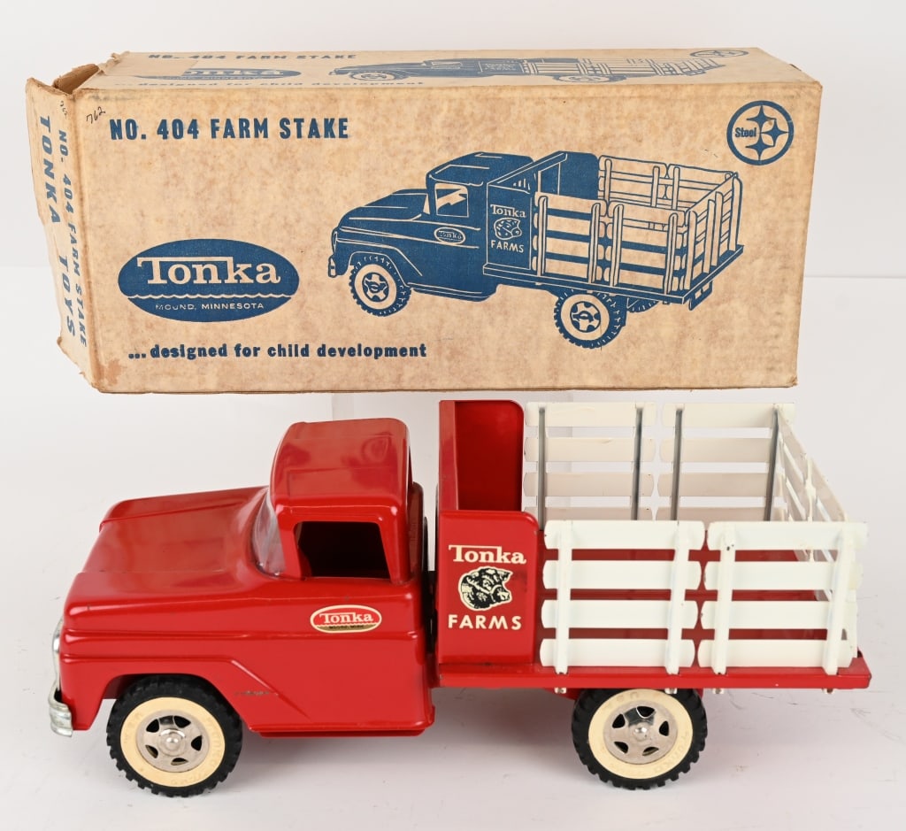1959 TONKA FARM STAKE w/ BOX: #404 Farm Stake Truck. New Old Stock condition. Boxed 14" Near Mint